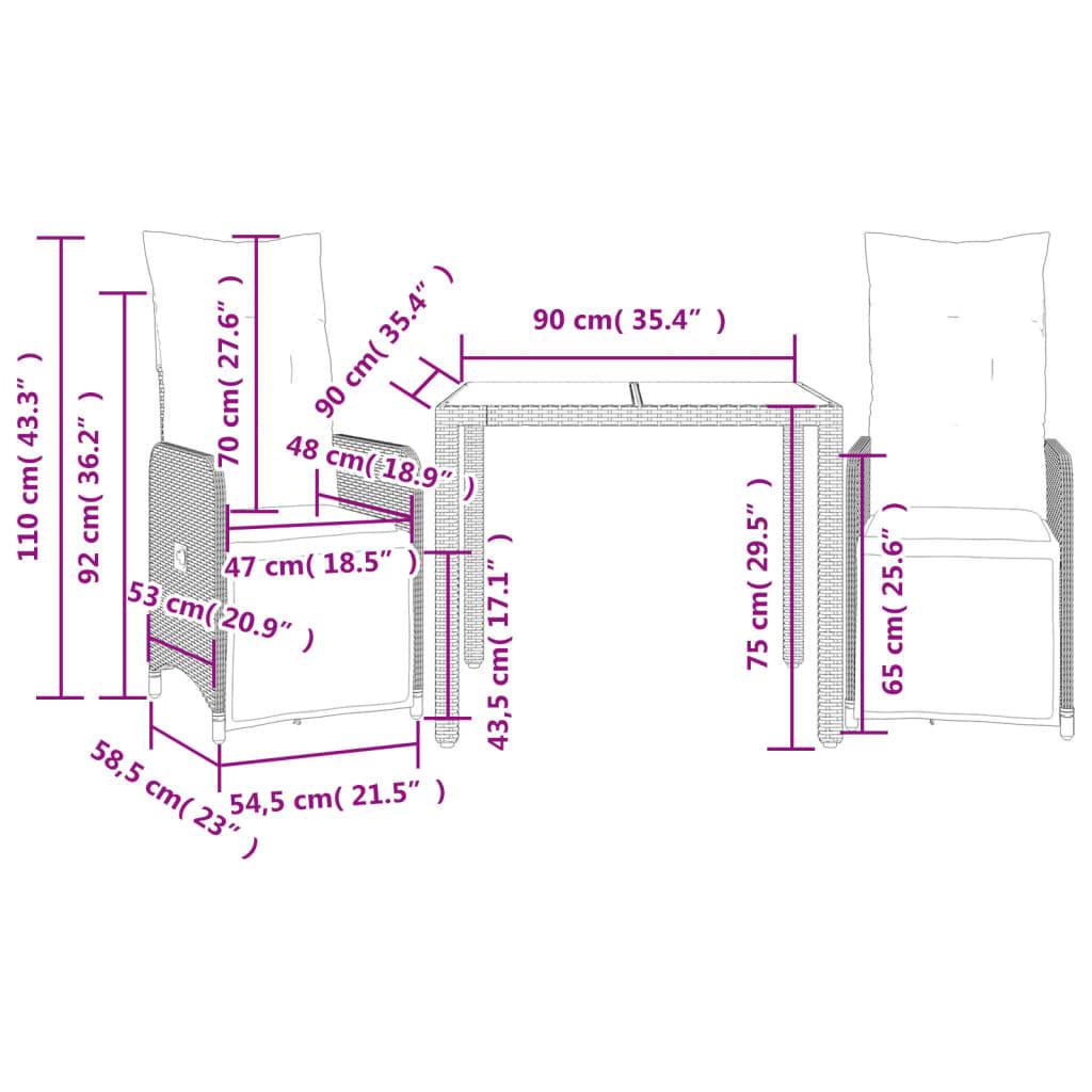 vidaXL 3-tlg. Garten-Bistro-Set mit Kissen Schwarz Poly Rattan