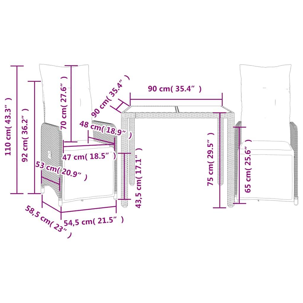 vidaXL 3-tlg. Garten-Bistro-Set mit Kissen Braun Poly Rattan