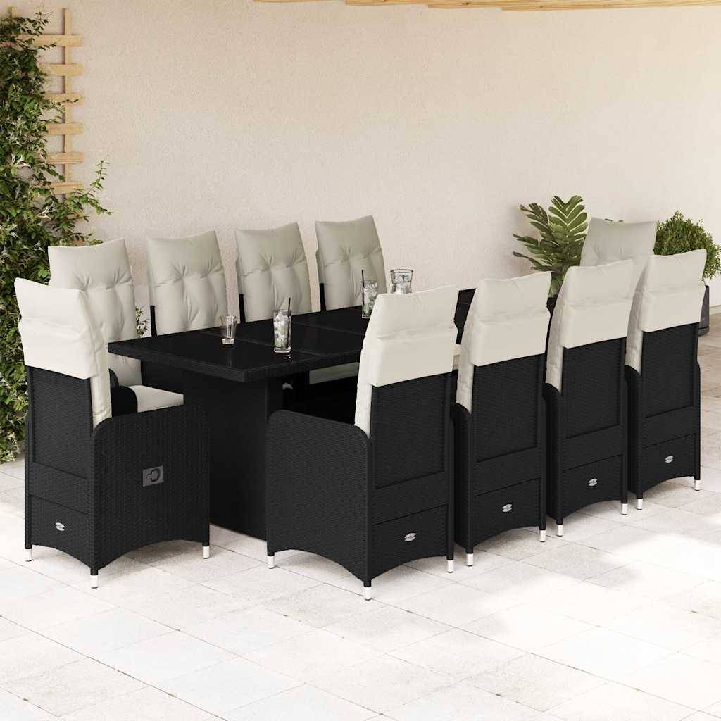 vidaXL 11-tlg. Garten-Bistro-Set mit Kissen Schwarz Poly Rattan
