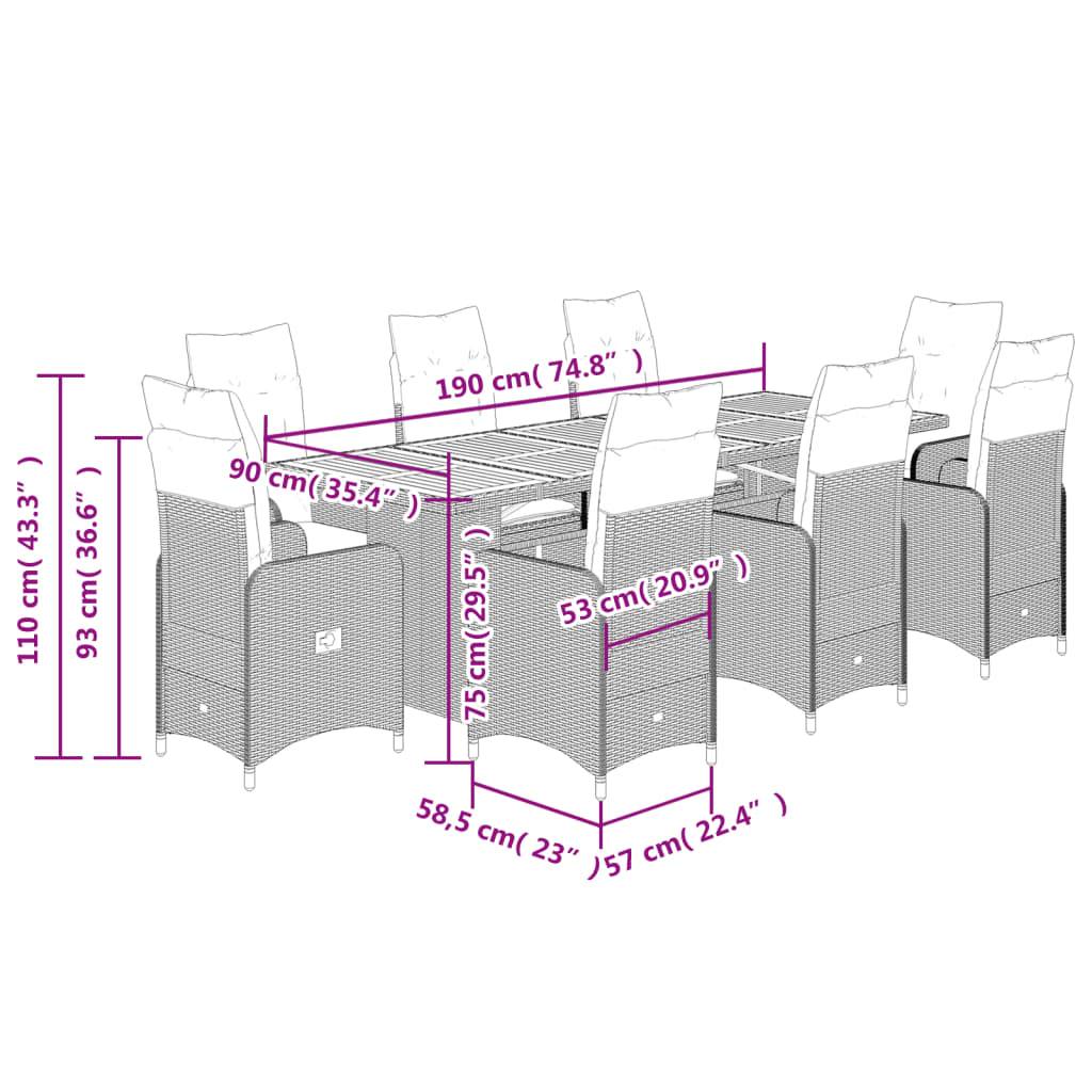 vidaXL 9-tlg. Garten-Bistro-Set mit Kissen Grau Poly Rattan