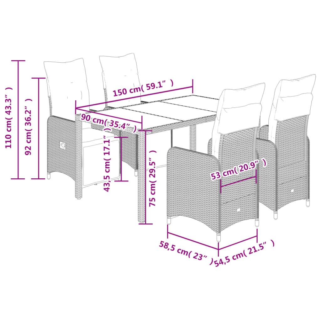 vidaXL 5-tlg. Garten-Bistro-Set mit Kissen Grau Poly Rattan