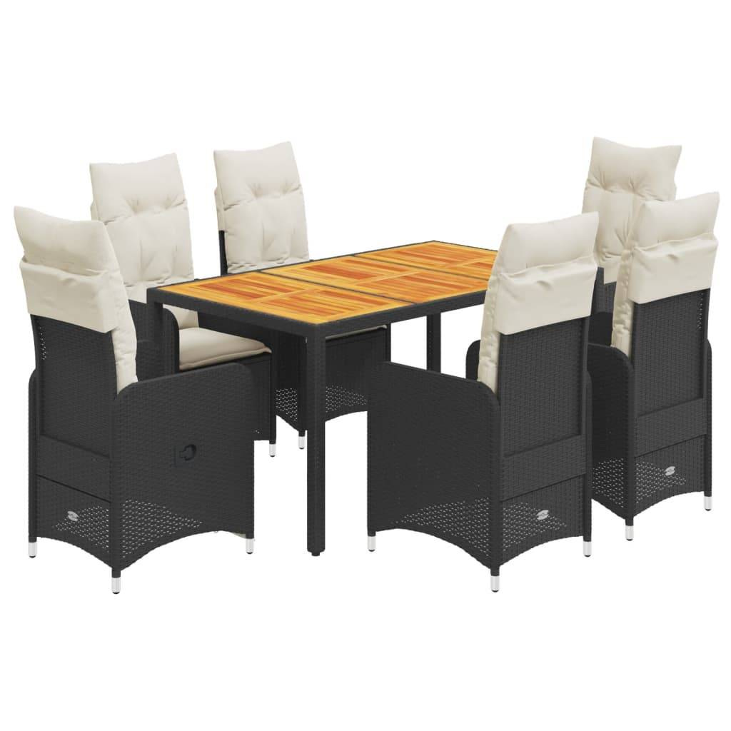 vidaXL 7-tlg. Garten-Bistro-Set mit Kissen Schwarz Poly Rattan