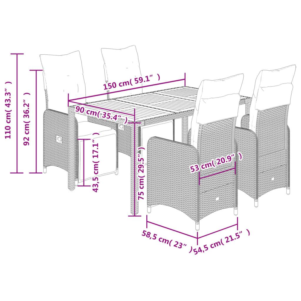 vidaXL 5-tlg. Garten-Bistro-Set mit Kissen Grau Poly Rattan