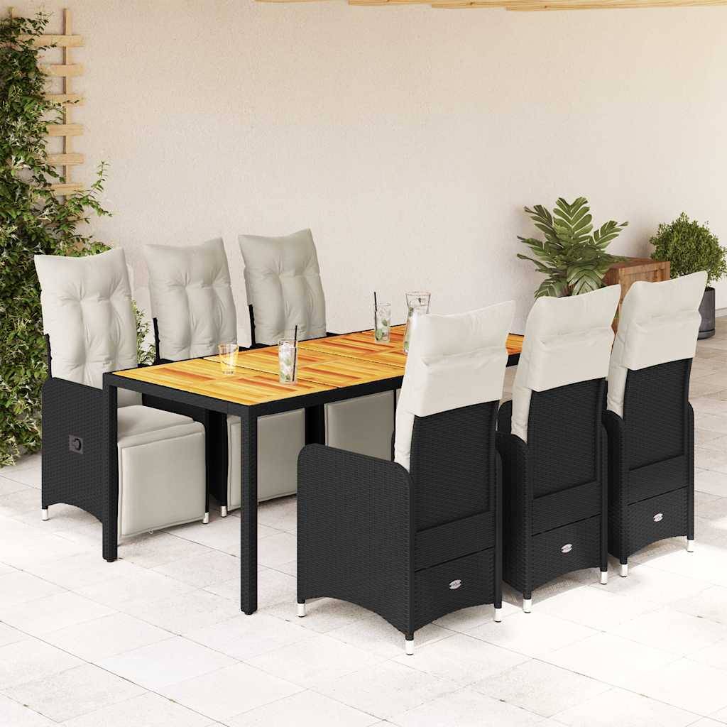 vidaXL 7-tlg. Garten-Bistro-Set mit Kissen Schwarz Poly Rattan