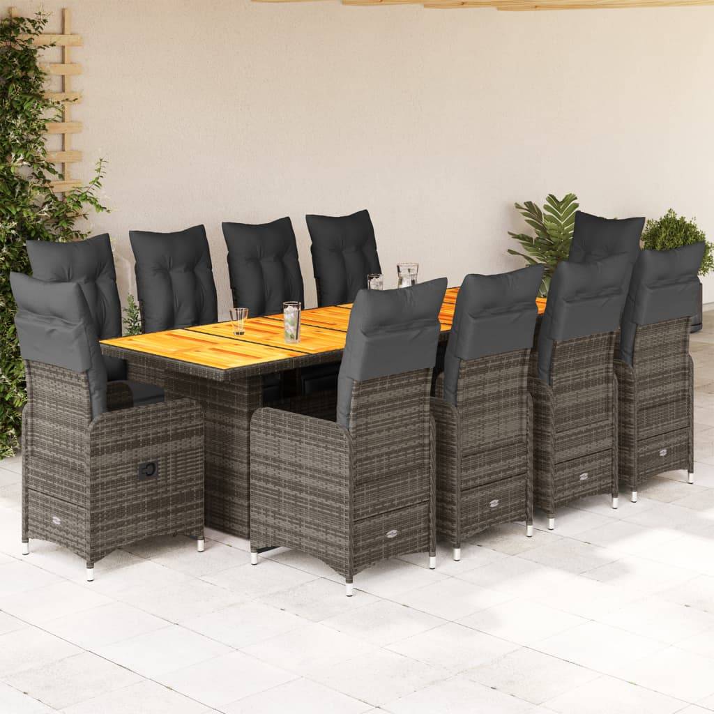 vidaXL 11-tlg. Garten-Bistro-Set mit Kissen Grau Poly Rattan