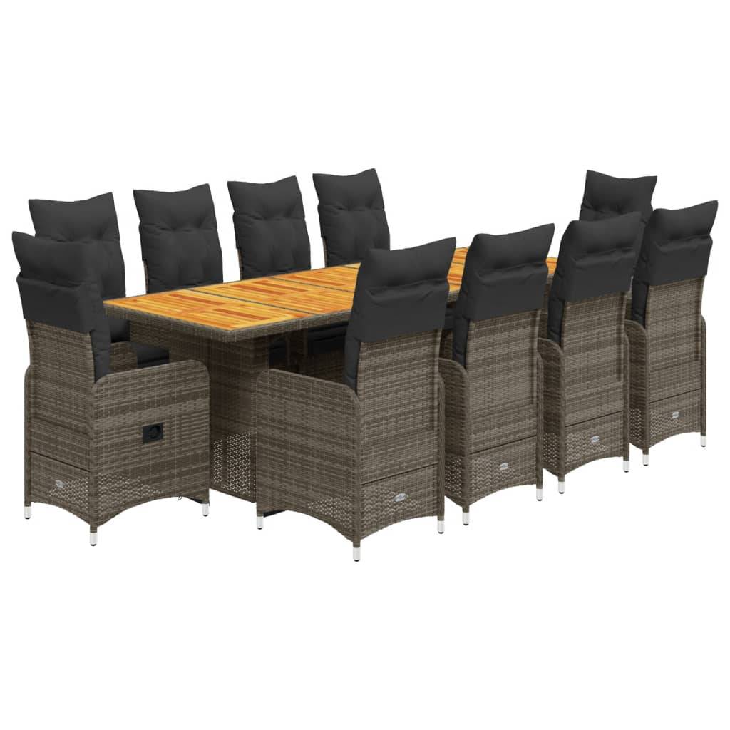 vidaXL 11-tlg. Garten-Bistro-Set mit Kissen Grau Poly Rattan