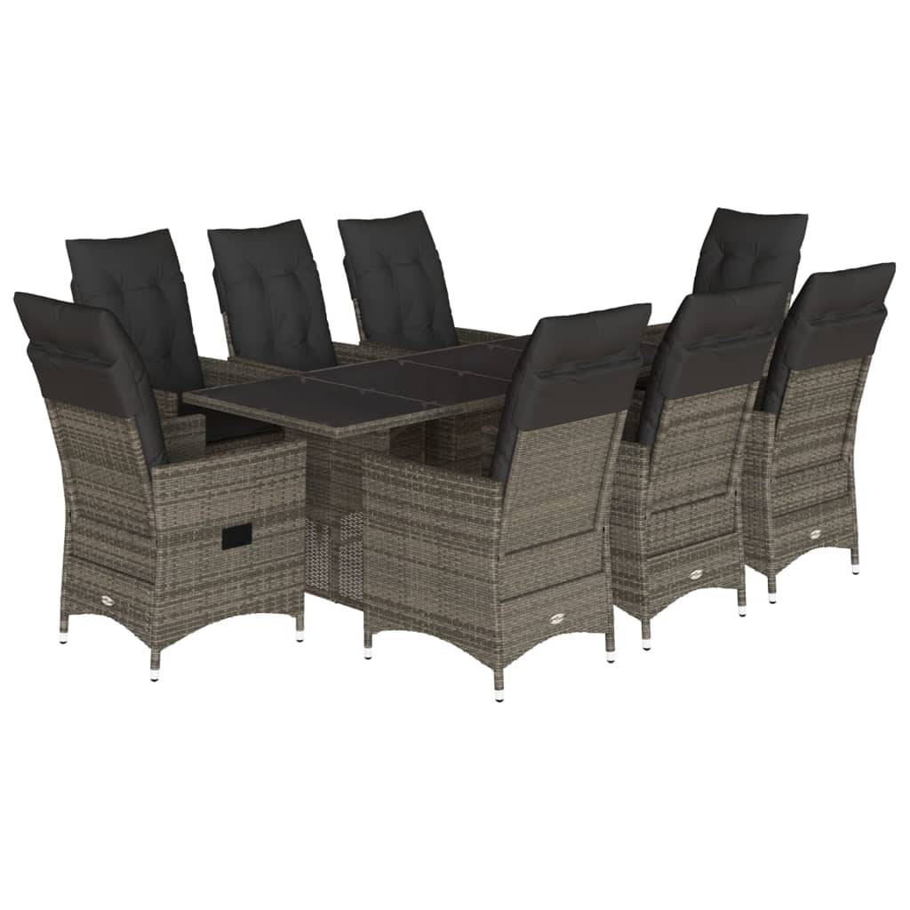 vidaXL 9-tlg. Garten-Essgruppe mit Kissen Grau Poly Rattan