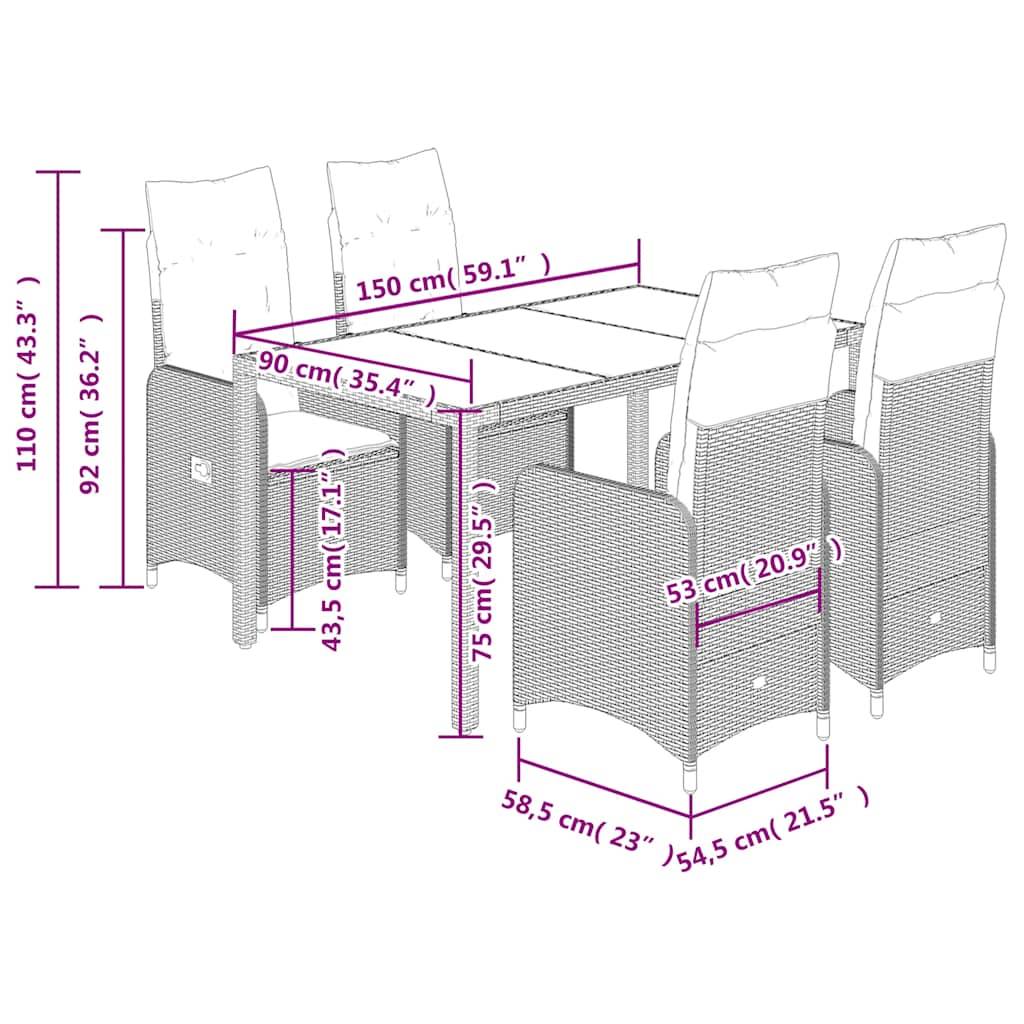 vidaXL 5-tlg. Garten-Bistro-Set mit Kissen Braun Poly Rattan