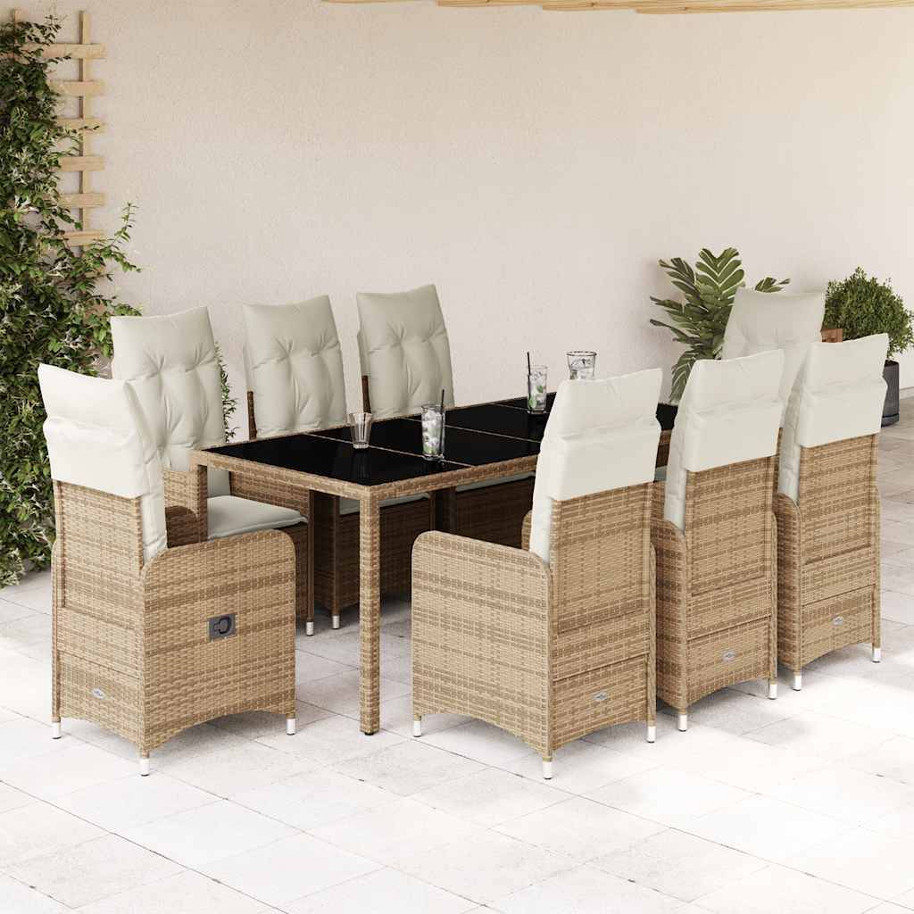 vidaXL 9-tlg. Garten-Bistro-Set mit Kissen Beige Poly Rattan