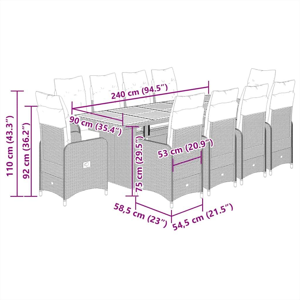 vidaXL 11-tlg. Garten-Bistro-Set mit Kissen Grau Poly Rattan