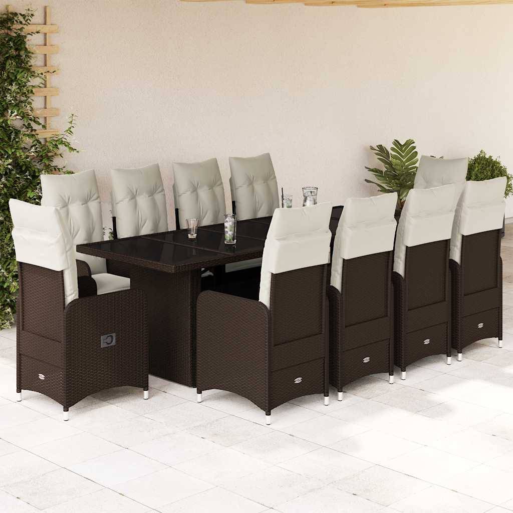 vidaXL 11-tlg. Garten-Bistro-Set mit Kissen Braun Poly Rattan