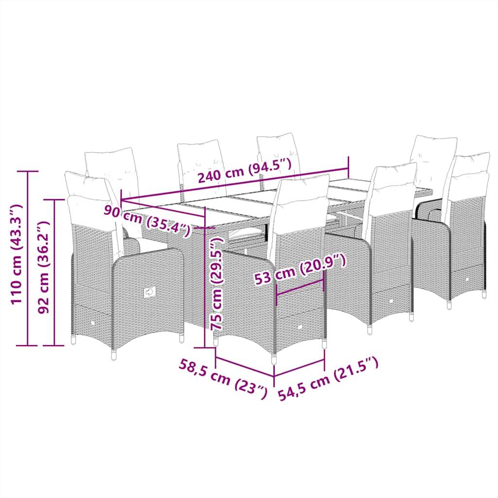 vidaXL 9-tlg. Garten-Bistro-Set mit Kissen Beige Poly Rattan