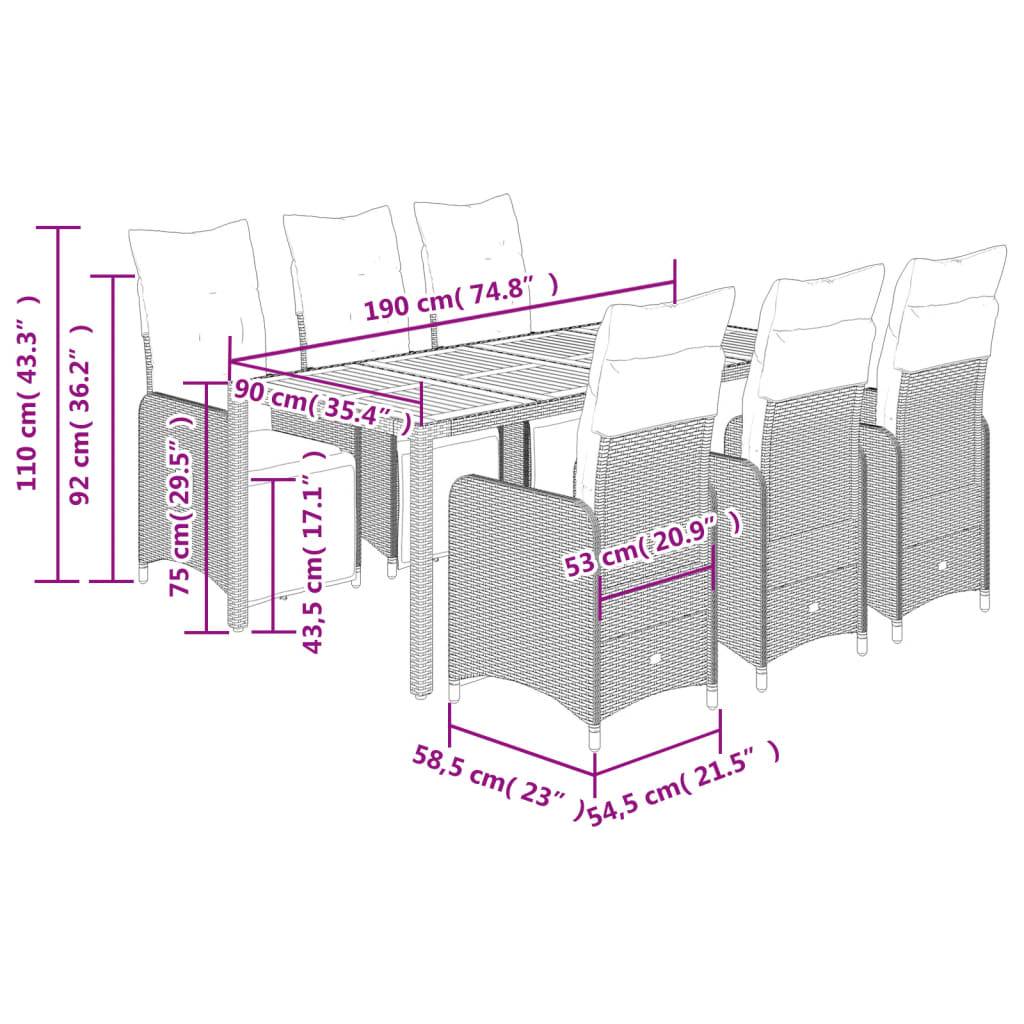 vidaXL 7-tlg. Garten-Bistro-Set mit Kissen Grau Poly Rattan