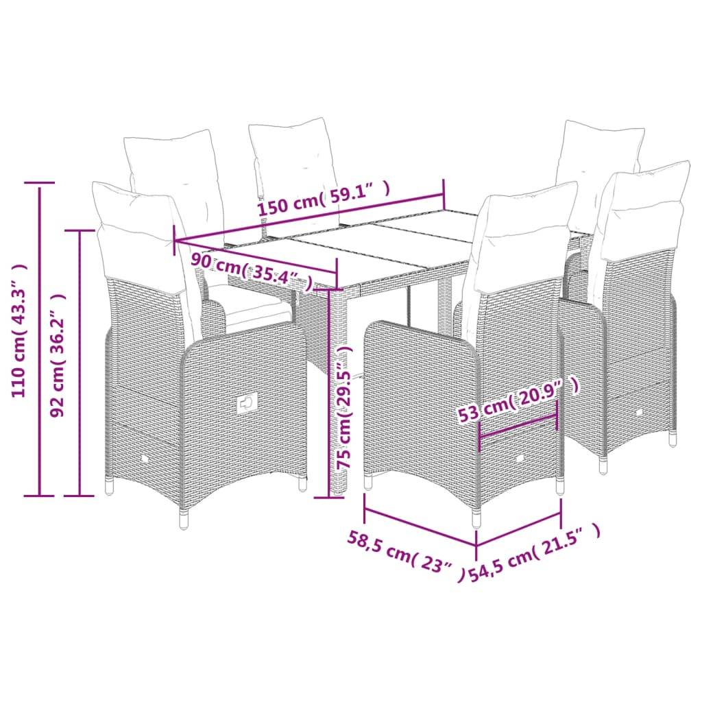 vidaXL 7-tlg. Garten-Bistro-Set mit Kissen Braun Poly Rattan