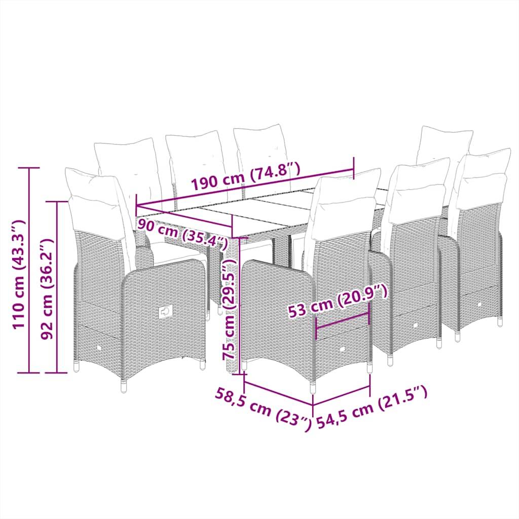 vidaXL 9-tlg. Garten-Bistro-Set mit Kissen Schwarz Poly Rattan