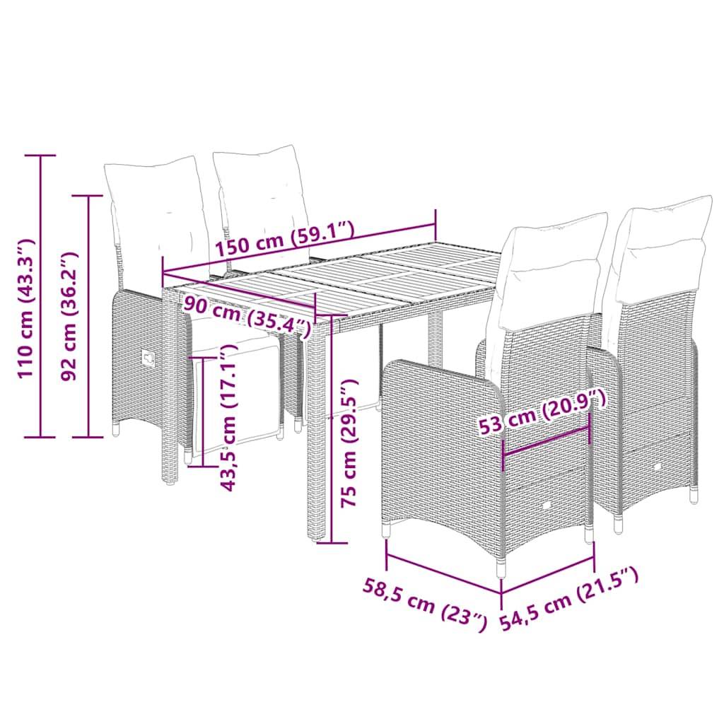 vidaXL 5-tlg. Garten-Bistro-Set mit Kissen Schwarz Poly Rattan