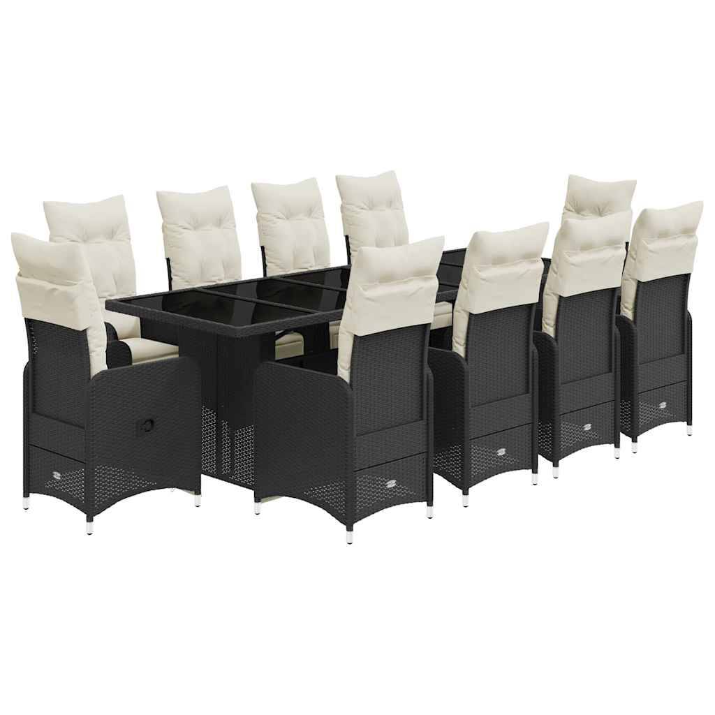 vidaXL 11-tlg. Garten-Bistro-Set mit Kissen Schwarz Poly Rattan