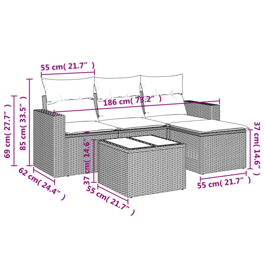 vidaXL 5-tlg. Garten-Sofagarnitur mit Kissen Braun Poly Rattan