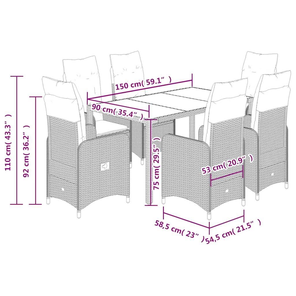 vidaXL 7-tlg. Garten-Bistro-Set mit Kissen Schwarz Poly Rattan