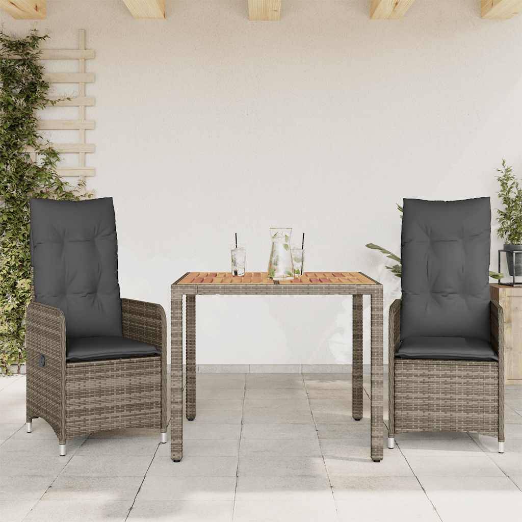 vidaXL 3-tlg. Garten-Bistro-Set mit Kissen Grau Poly Rattan