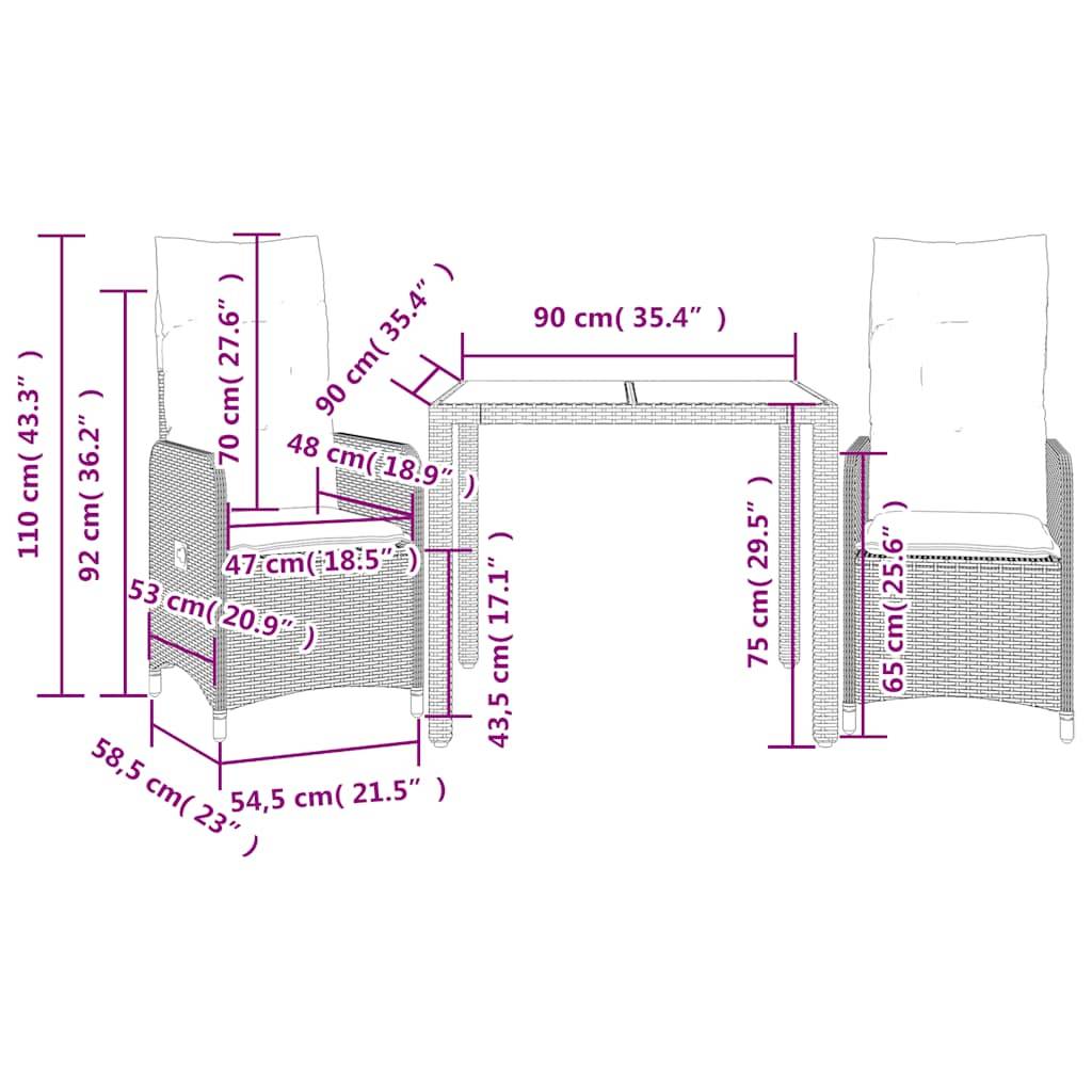 vidaXL 3-tlg. Garten-Bistro-Set mit Kissen Grau Poly Rattan