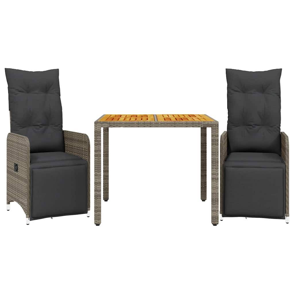 vidaXL 3-tlg. Garten-Bistro-Set mit Kissen Grau Poly Rattan