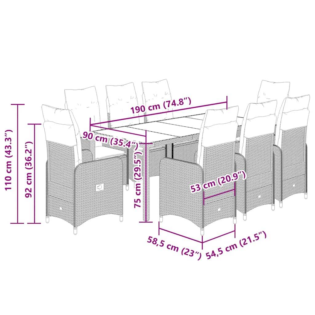 vidaXL 9-tlg. Garten-Bistro-Set mit Kissen Beige Poly Rattan