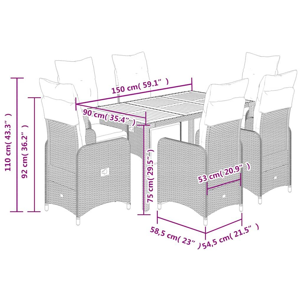 vidaXL 7-tlg. Garten-Bistro-Set mit Kissen Grau Poly Rattan