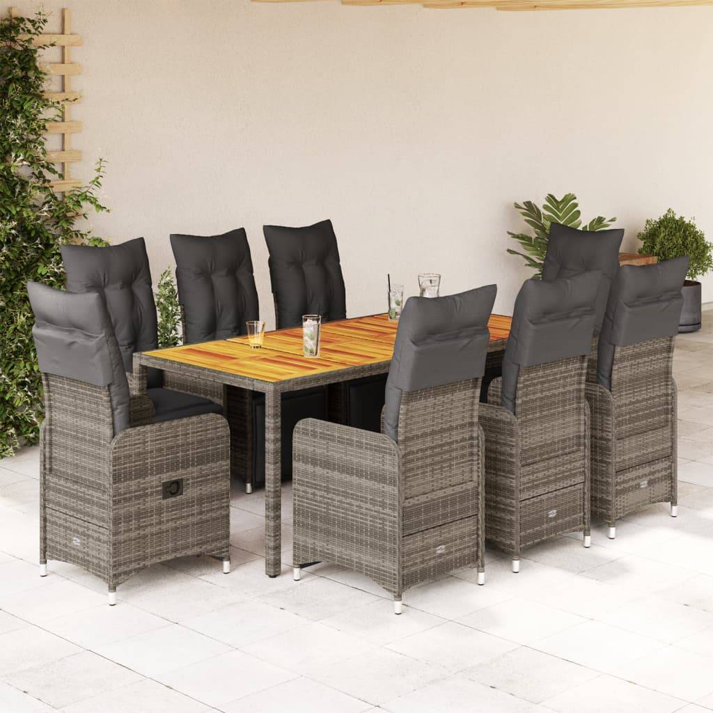 vidaXL 9-tlg. Garten-Bistro-Set mit Kissen Grau Poly Rattan