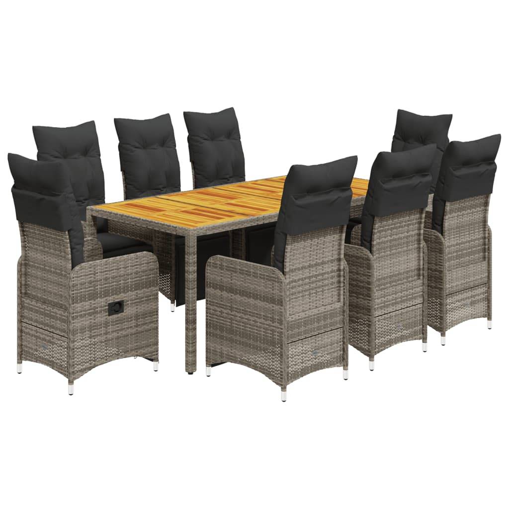 vidaXL 9-tlg. Garten-Bistro-Set mit Kissen Grau Poly Rattan