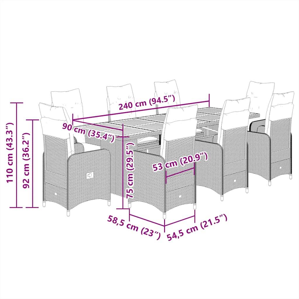 vidaXL 9-tlg. Garten-Bistro-Set mit Kissen Grau Poly Rattan