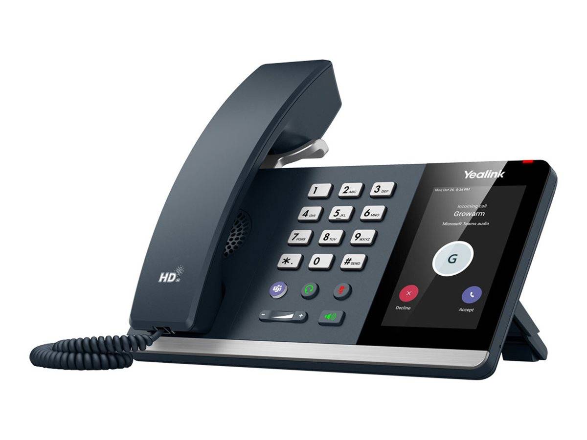 Ein schwarzes Büro-Telefon mit digitaler Anzeige, die Anruferoptionen zeigt, Zifferntastatur und angeschlossenem Hörer.