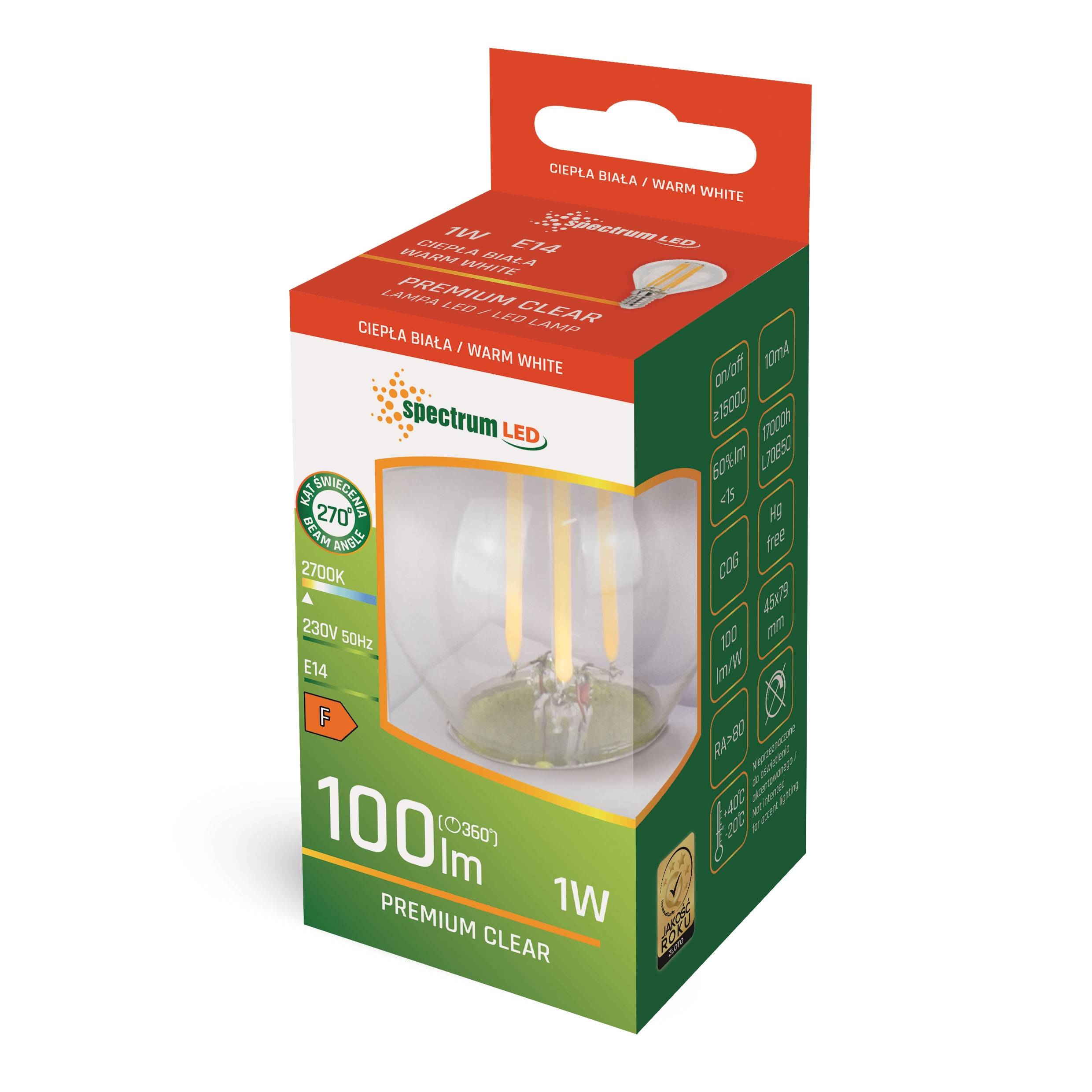 Spectrum LED E14 G45 Filament Klar 1W = 10W 100lm 270° Warmweiß 2700K