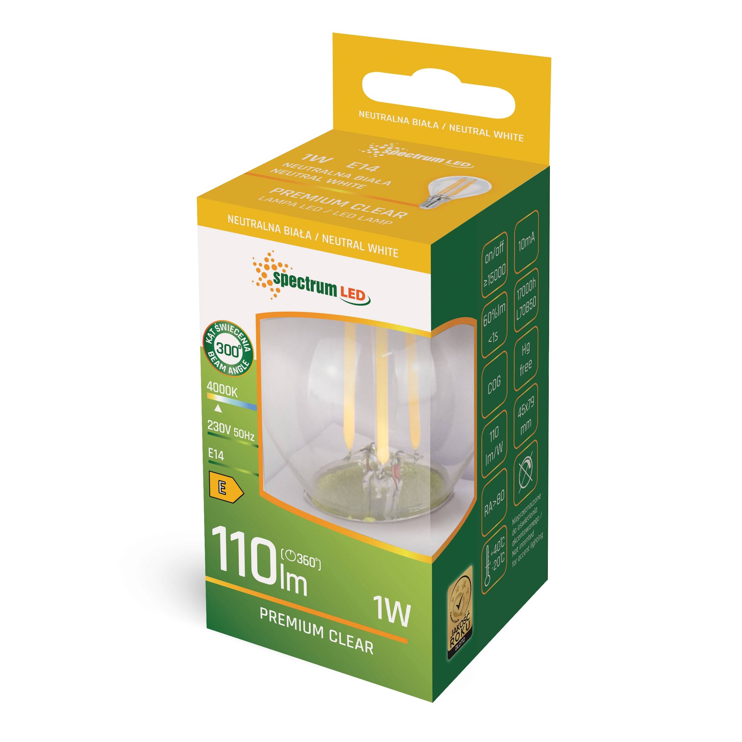 Spectrum LED E14 G45 Filament Klar 1W = 10W 110lm 270° Neutralweiß 4000K