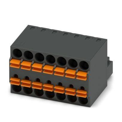 Dunkelgraues Mehrfach-Elektrosteckverbinder-Block mit orangefarbenen Federklemm-Anschlüssen und Reihen von Drahtöffnungen.