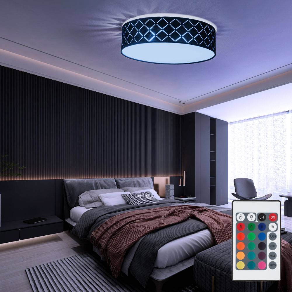 Deckenleuchte Textil schwarz Deckenlampe schwarz gold Wohnzimmerleuchte rund, satiniert, Fernbedienung dimmbar, 2x RGB LED 8,5W 806Lm warmweiß, DxH