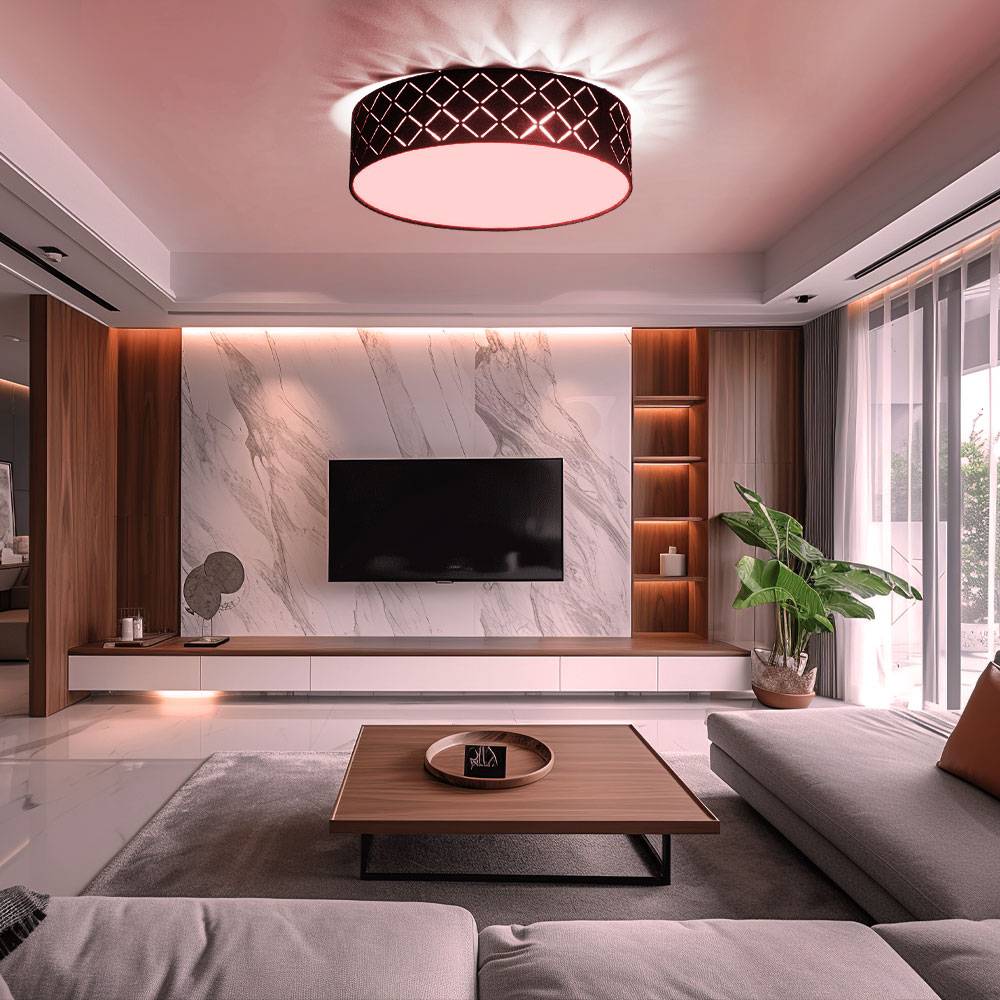 Deckenleuchte Textil schwarz Deckenlampe schwarz gold Wohnzimmerleuchte rund, satiniert, Fernbedienung dimmbar, 2x RGB LED 8,5W 806Lm warmweiß, DxH