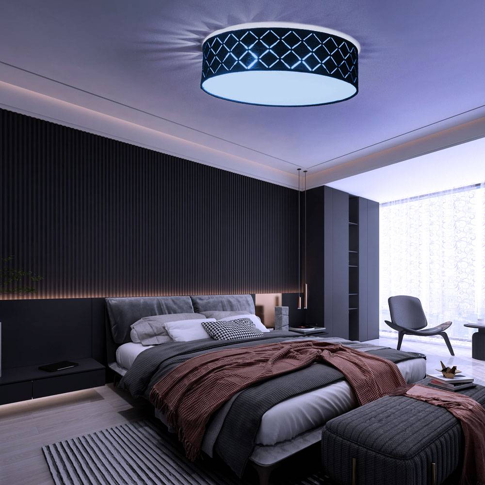 Deckenleuchte Textil schwarz Deckenlampe schwarz gold Wohnzimmerleuchte rund, satiniert, Fernbedienung dimmbar, 2x RGB LED 8,5W 806Lm warmweiß, DxH