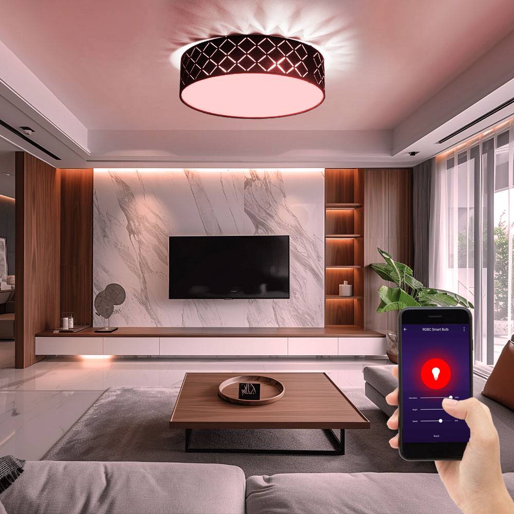 Deckenleuchte Textil schwarz Deckenlampe schwarz gold Wohnzimmerleuchte rund, satiniert, Fernbedienung dimmbar, 2x RGB LED 8,5W 806Lm warmweiß, DxH
