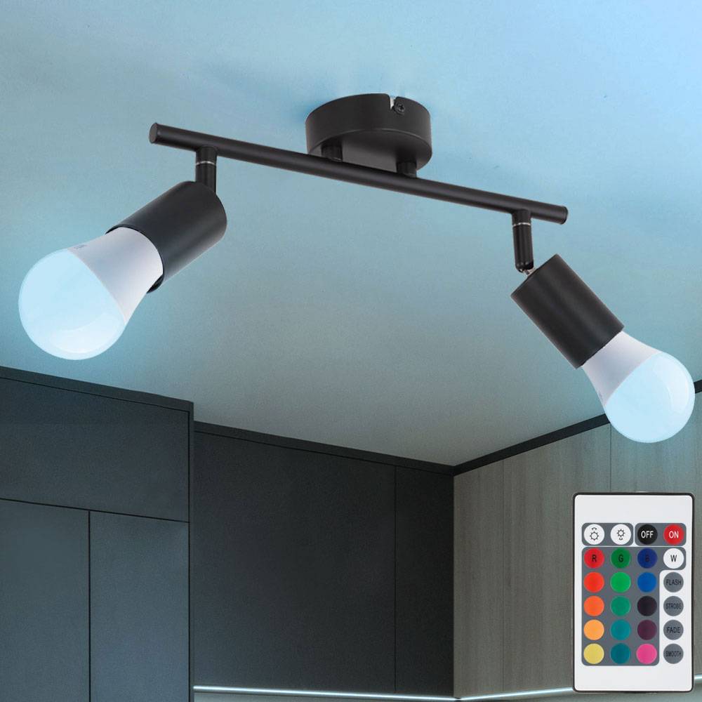 Deckenleuchte 2-Flammig Spotleuchte schwenkbar Deckenlampe Spotlampe schwarz, Metall, Fernbedienung dimmbar, 2x RGB LED 8,5W 806Lm warmweiß, LxBxH