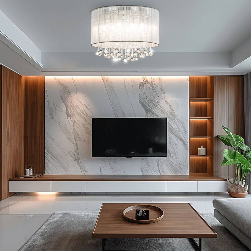 Deckenleuchte Glaskristalle Deckenlampe Wohnzimmerlampe rund silber chrom mit Glaskristallen, Metall Seide, verchromt, 8x G9 LED 8x 280 lm 3000