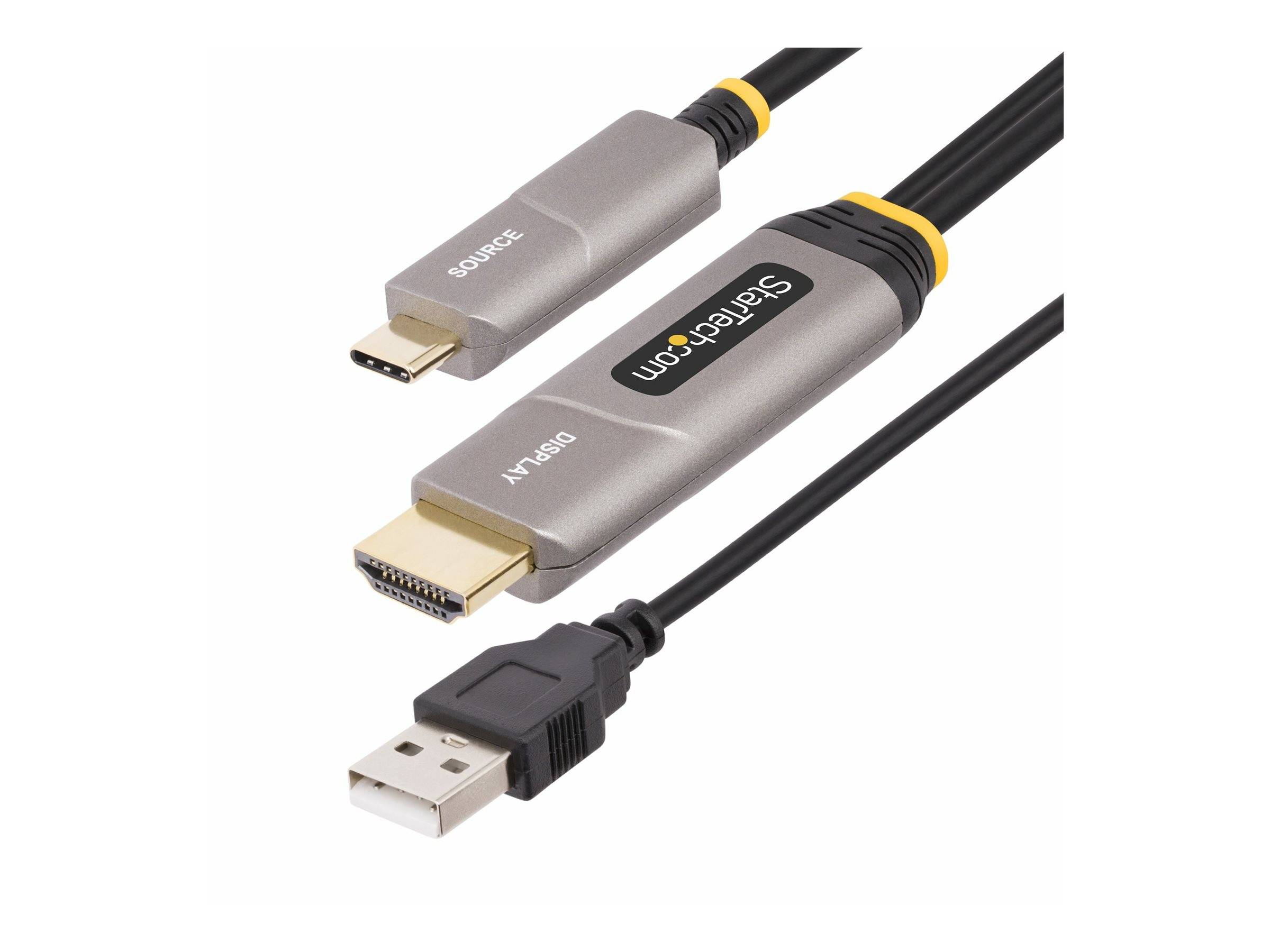 Ein USB zu HDMI Adapterkabel mit einem USB-Stecker und einem HDMI-Anschluss, beschriftet mit ‚Display', verwendet zum Anschluss von Geräten an Monitore.