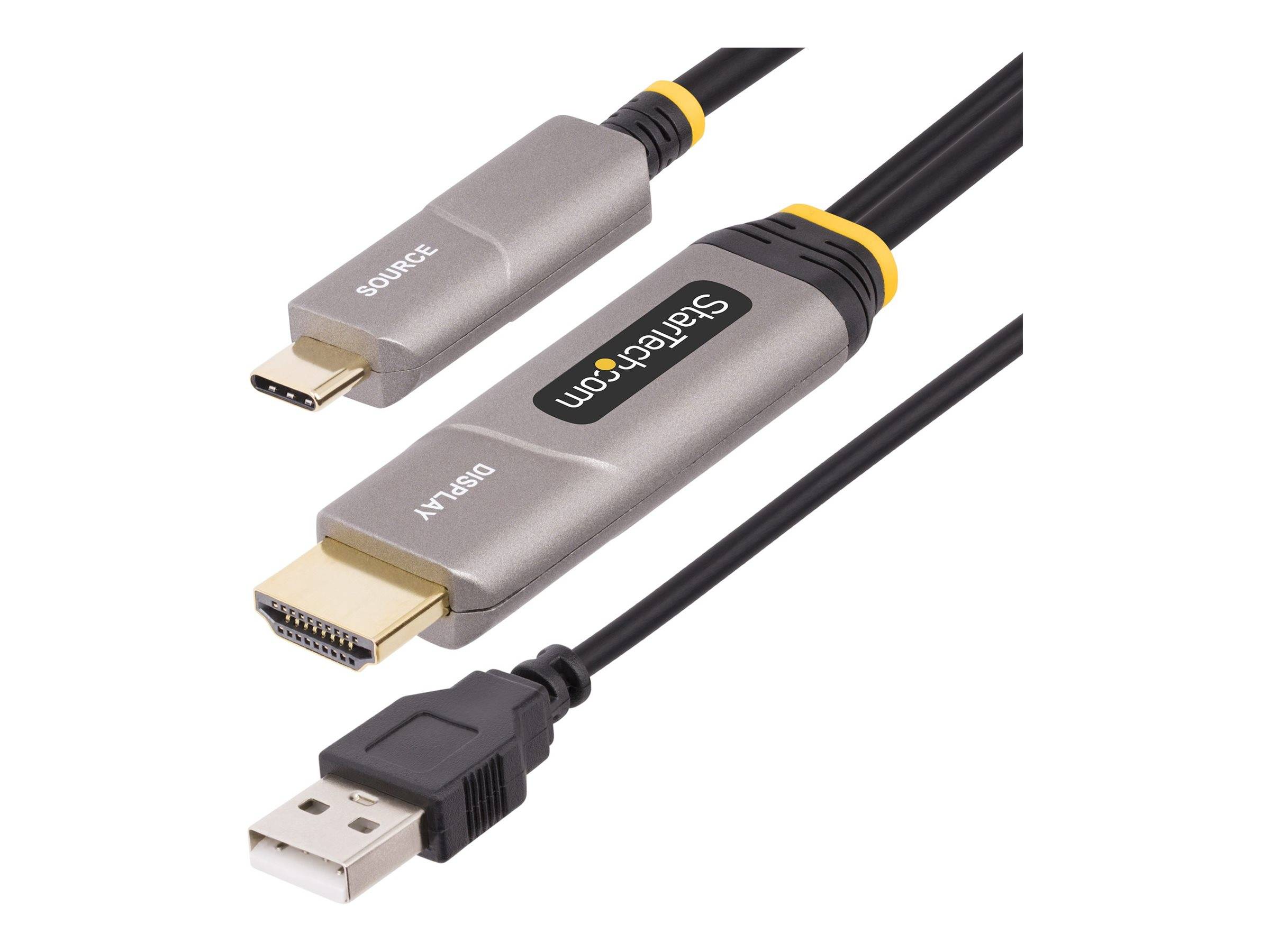 USB-zu-HDMI-Adapterkabel mit 'SOURCE'- und 'Display'-Beschriftungen, ausgestattet mit einem USB-Stecker und einem HDMI-Anschluss zum Verbinden von Geräten.