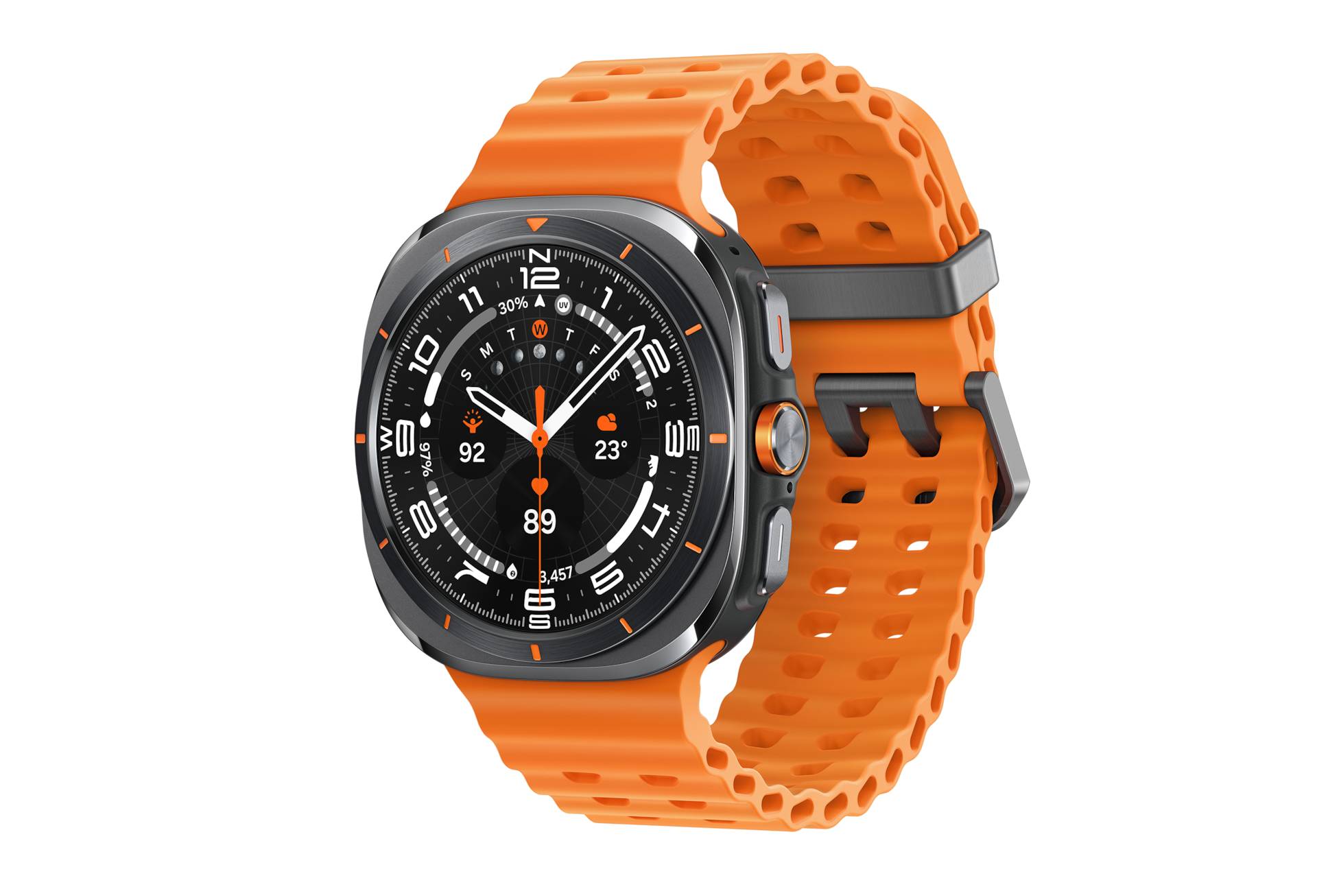 Orange robuste Smartwatch mit schwarzem Zifferblatt und orange perforiertem Armband auf schwarzem Hintergrund.