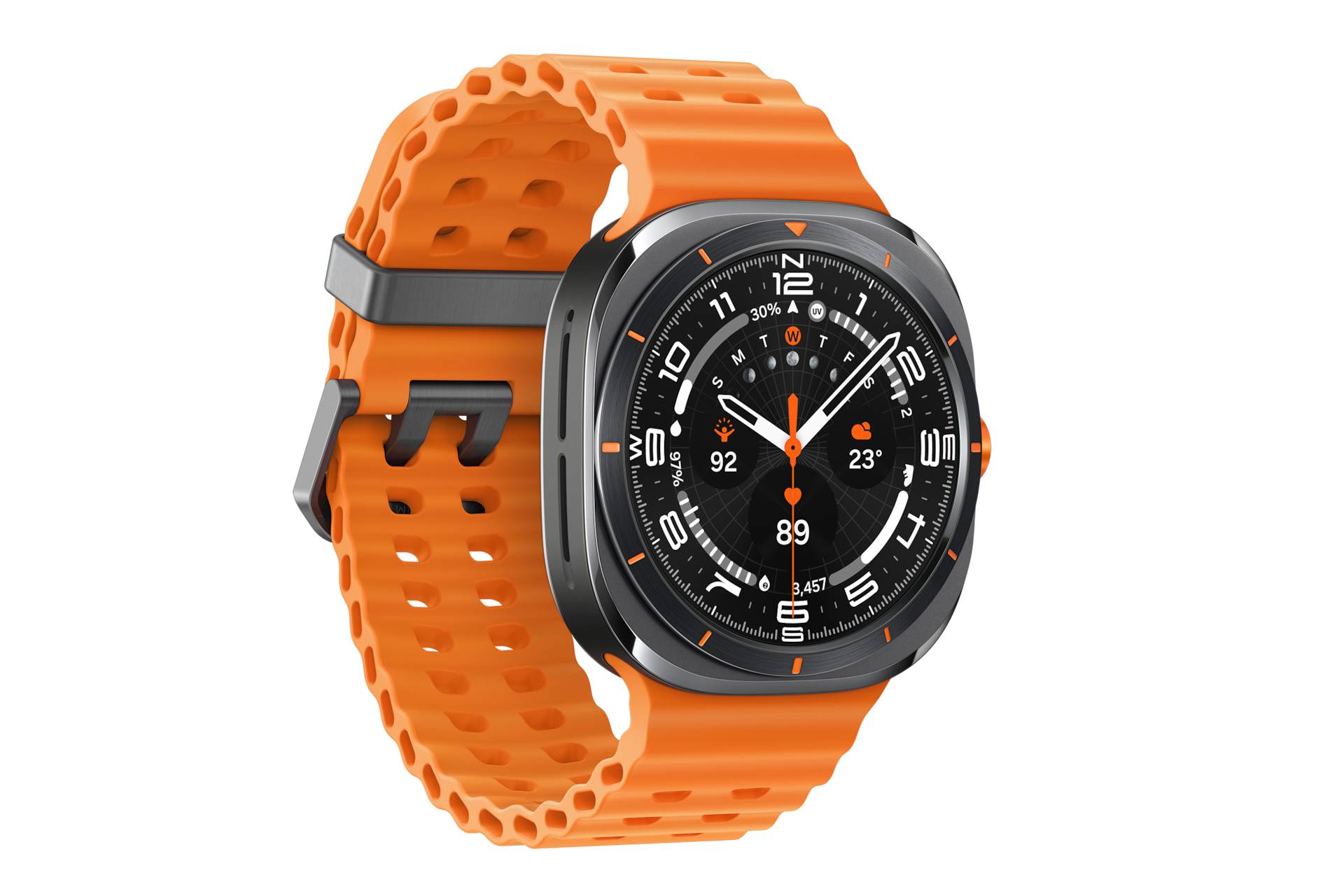 Schwarze Smartwatch mit orangefarbenem perforierten Armband, in einem Winkel auf schwarzem Hintergrund gezeigt.