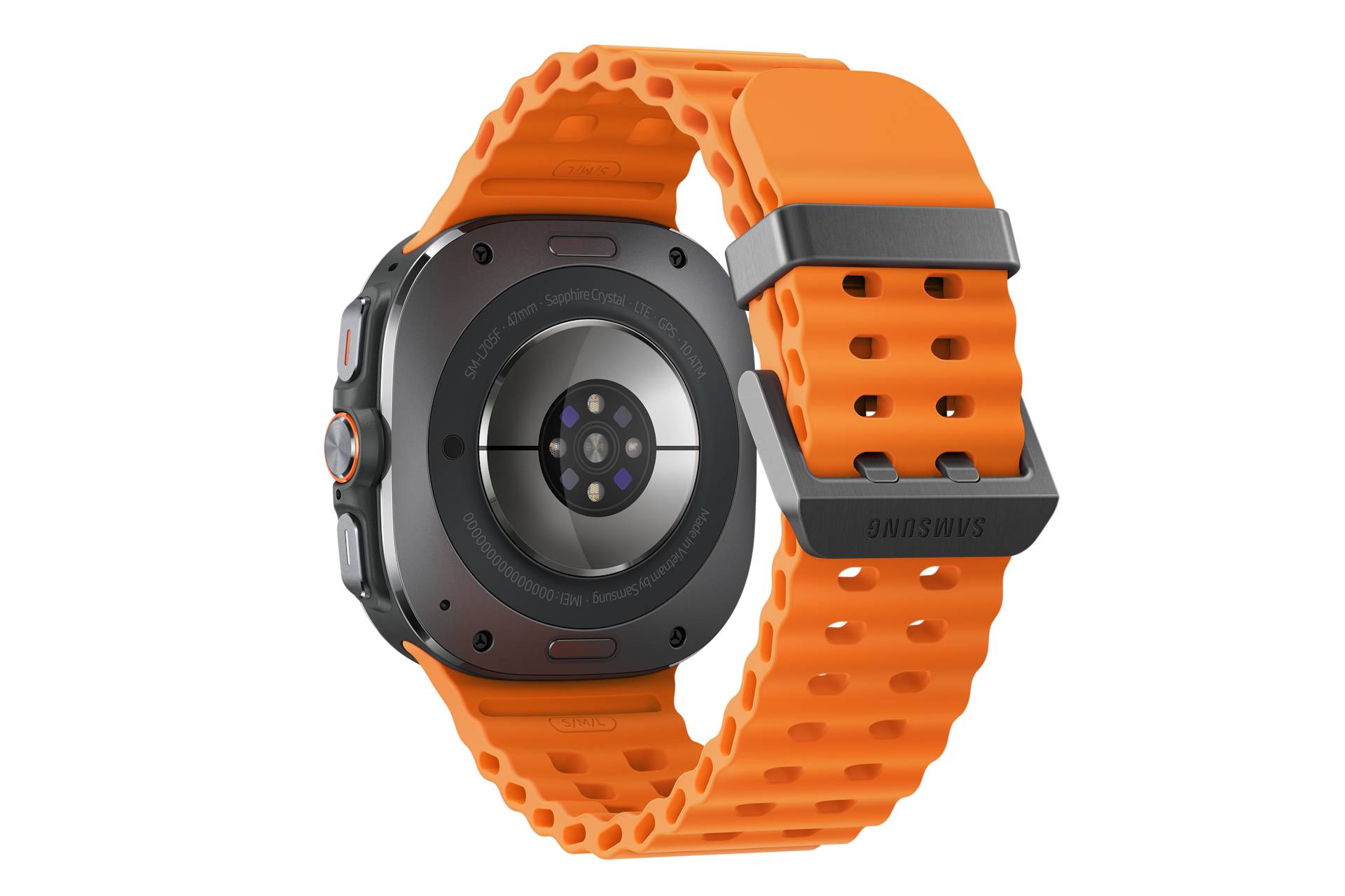 Eine robuste schwarze Smartwatch mit einem orangefarbenen perforierten Armband, von hinten auf schwarzem Hintergrund gezeigt.
