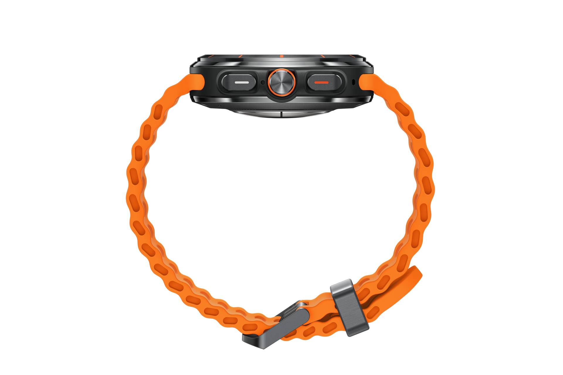 Oranges Uhrenarmband auf einer Smartwatch mit schwarzem Hintergrund, mit robustem Kettenglied-Armband und sichtbaren Seitentasten.