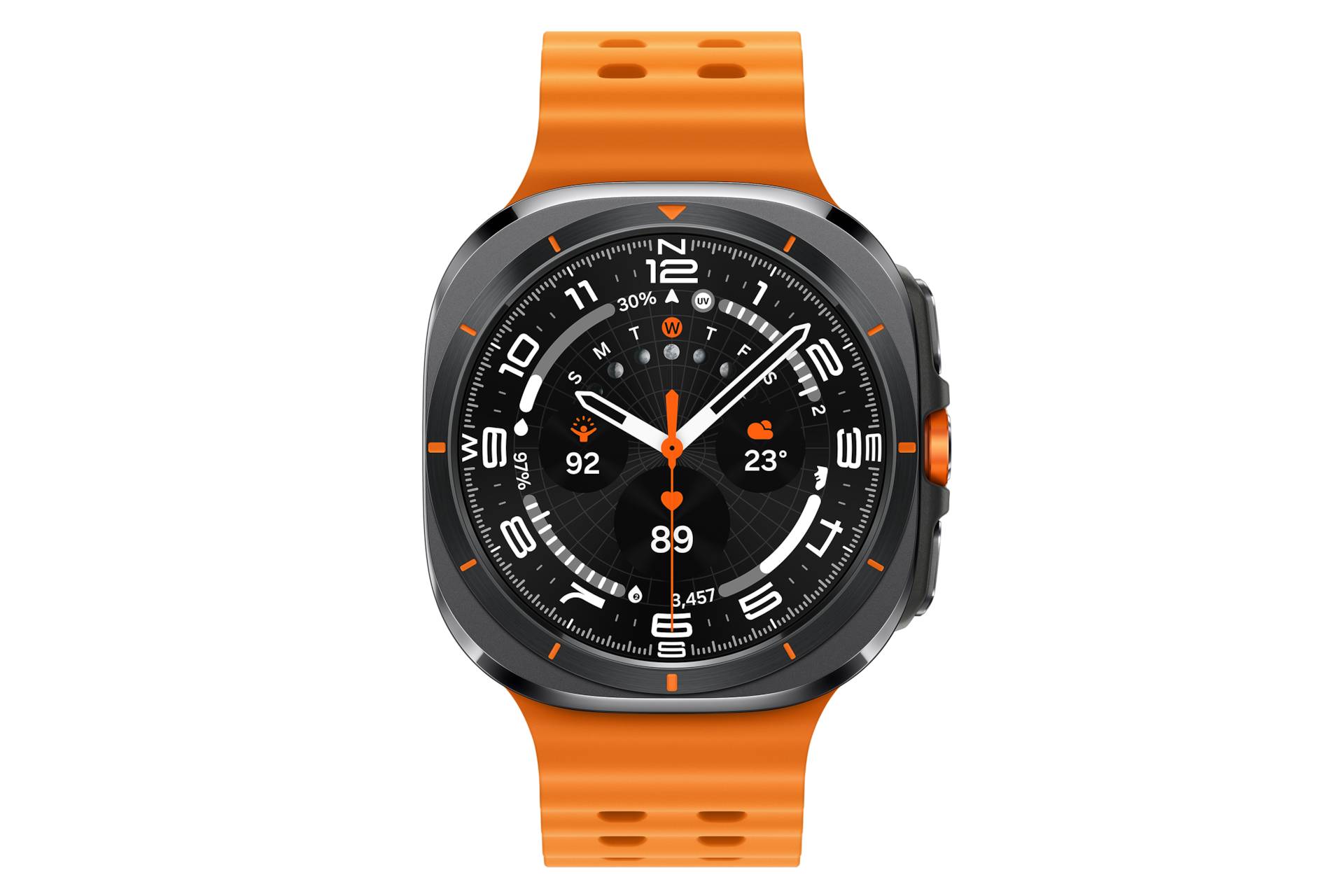 Orange Smartwatch mit schwarzem quadratischem Zifferblatt, das ein analoges Ziffernblatt zeigt, die digitale Uhrzeit 8:45 und Gesundheits-/Wetterkennzahlen auf dem Bildschirm anzeigt.