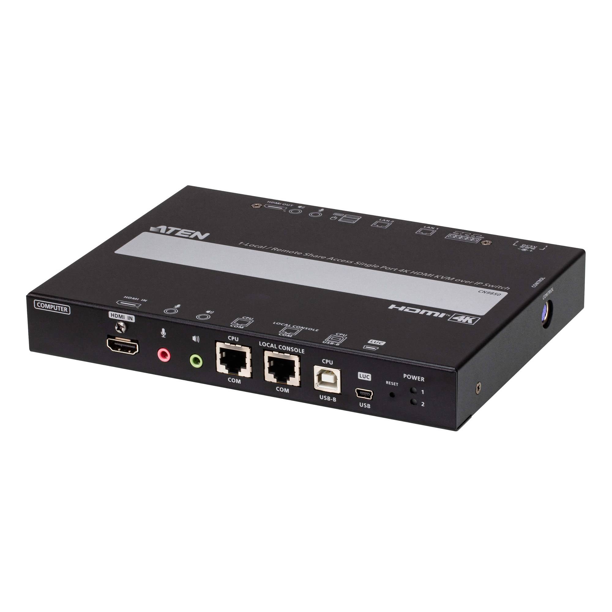 ATEN HDMI 4K KVM-Schalterbox mit Front-Panel-Anschlüssen, Tasten und Statusleuchten auf weißem Hintergrund