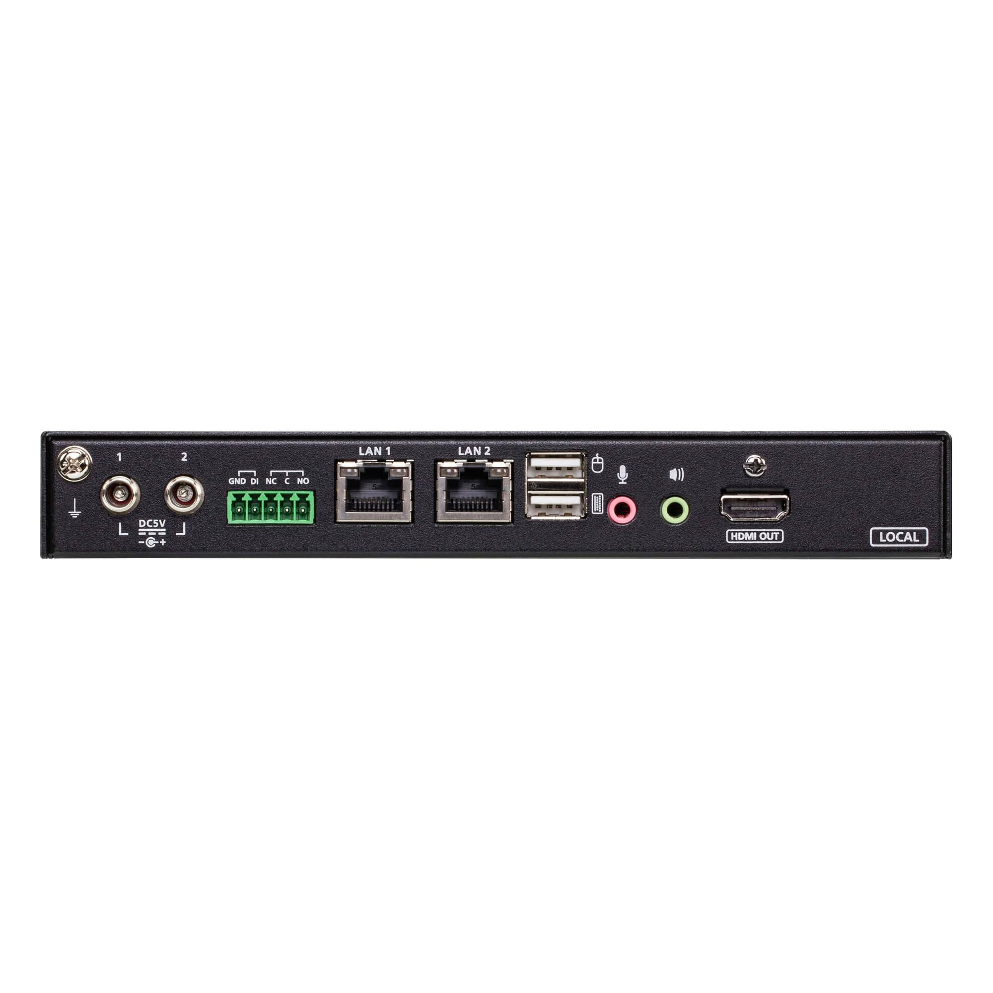Rückseite eines Geräts mit Stromversorgung, zwei DC-Eingängen, Klemmleiste, zwei LAN-Anschlüssen, USB-Anschlüssen, Audio-Buchsen, HDMI-Ausgang und einer Local-Taste.